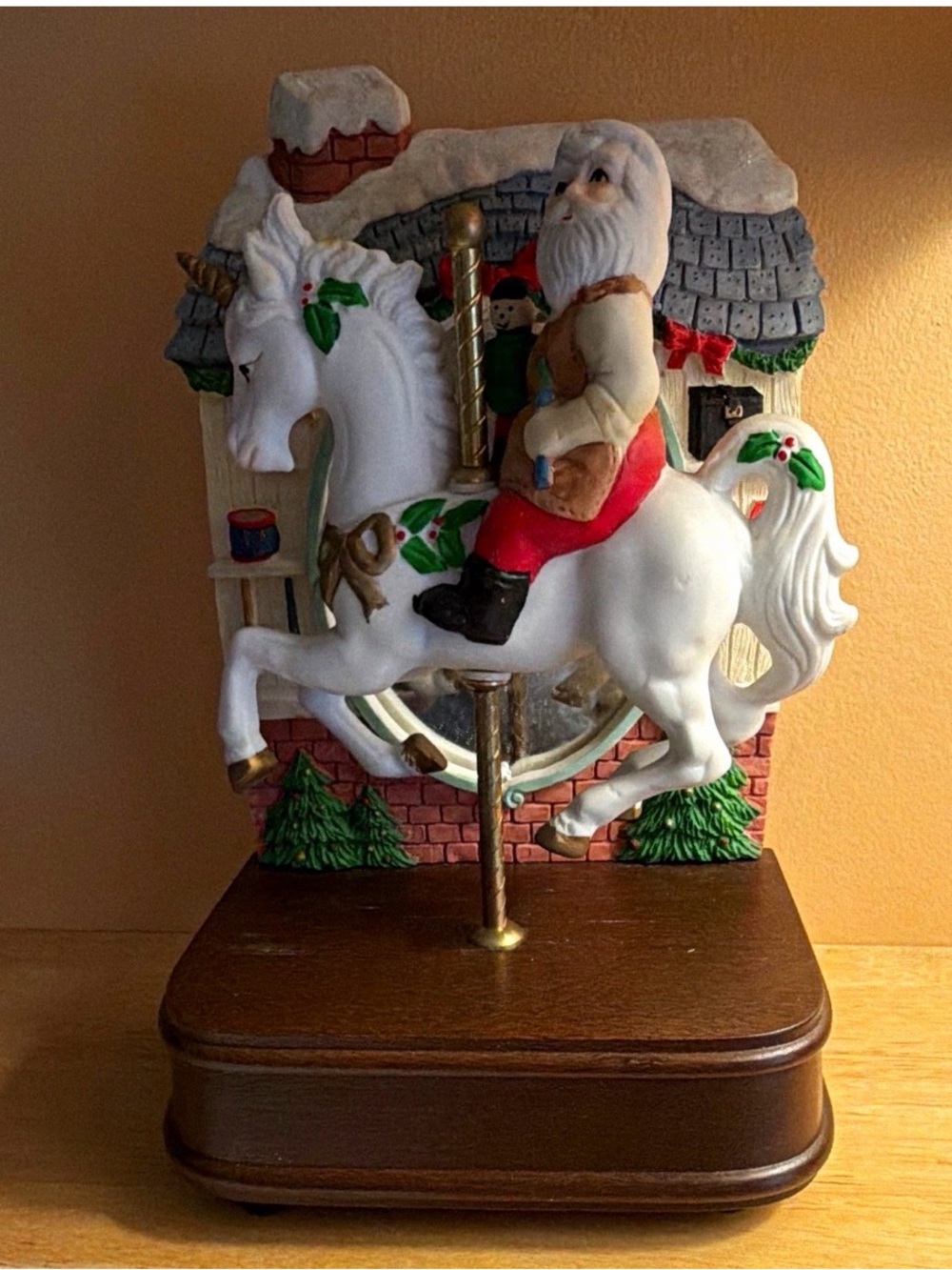 Santa on White Unicorn Holiday Carousel Figurine - Decorative Home Accent
